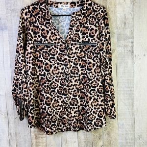 Blue Mood Large Animal Print Button Front Top w/Tabbed Sleeves & Decor Z